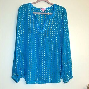 Lilly Pulitzer Colby Silk Metallic Dot Long Sleeve Top Blouse XL
